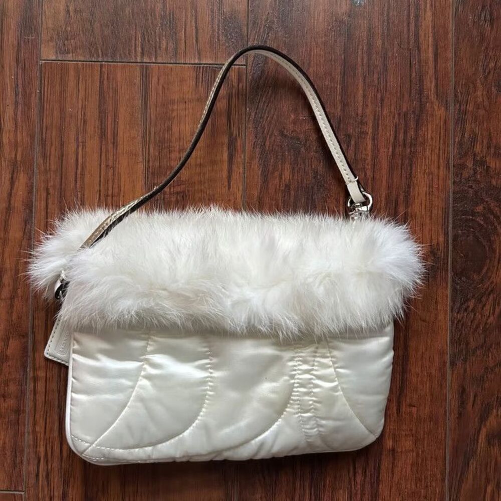Coach Rabbit Fur Trim Pochette Baguette White Quilted Satin Y2K Mini Handbag